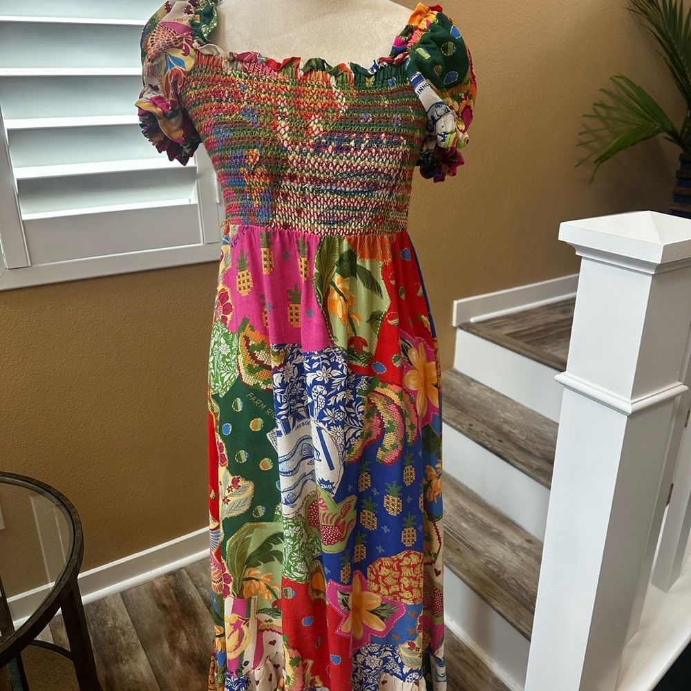 FARM Rio Pink and Blue Smocked Ruffled Maxi Sundress